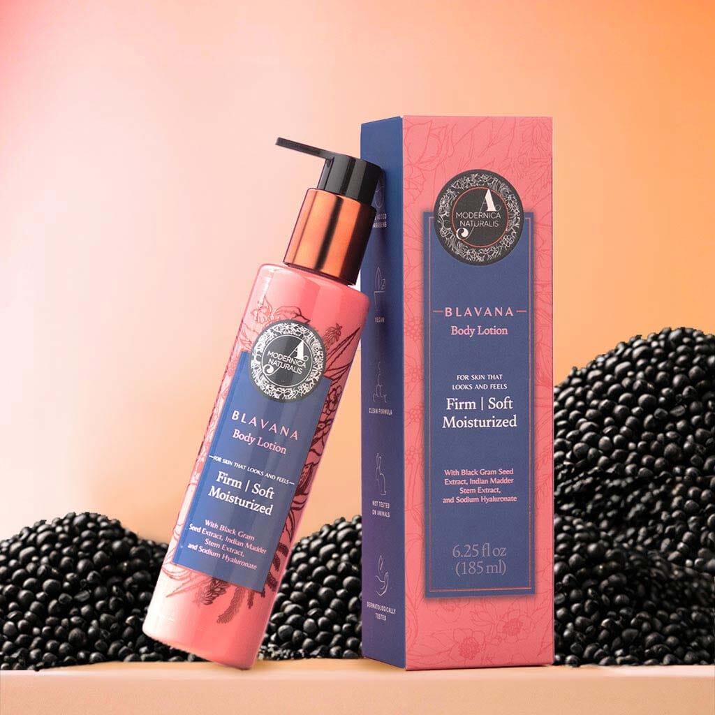 Blavana Body Lotion by A. Modernica Naturalis: the pump bottle and box, 6.25 fl oz (185 ml), in front of piles of black gram beans