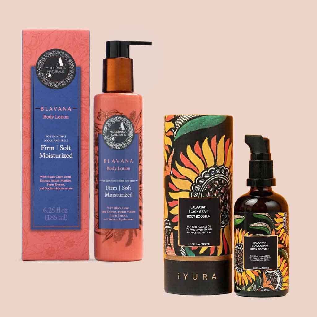Black Gram Body Care Duo body care set by The Ayurveda Experience: Blavana Body Lotion by A. Modernica Naturalis, 6.25 fl oz (185 ml), bottle and box, and Balaayah Black Gram Body Booster by iYURA, 3.38 fl oz (100 ml), bottle and tube